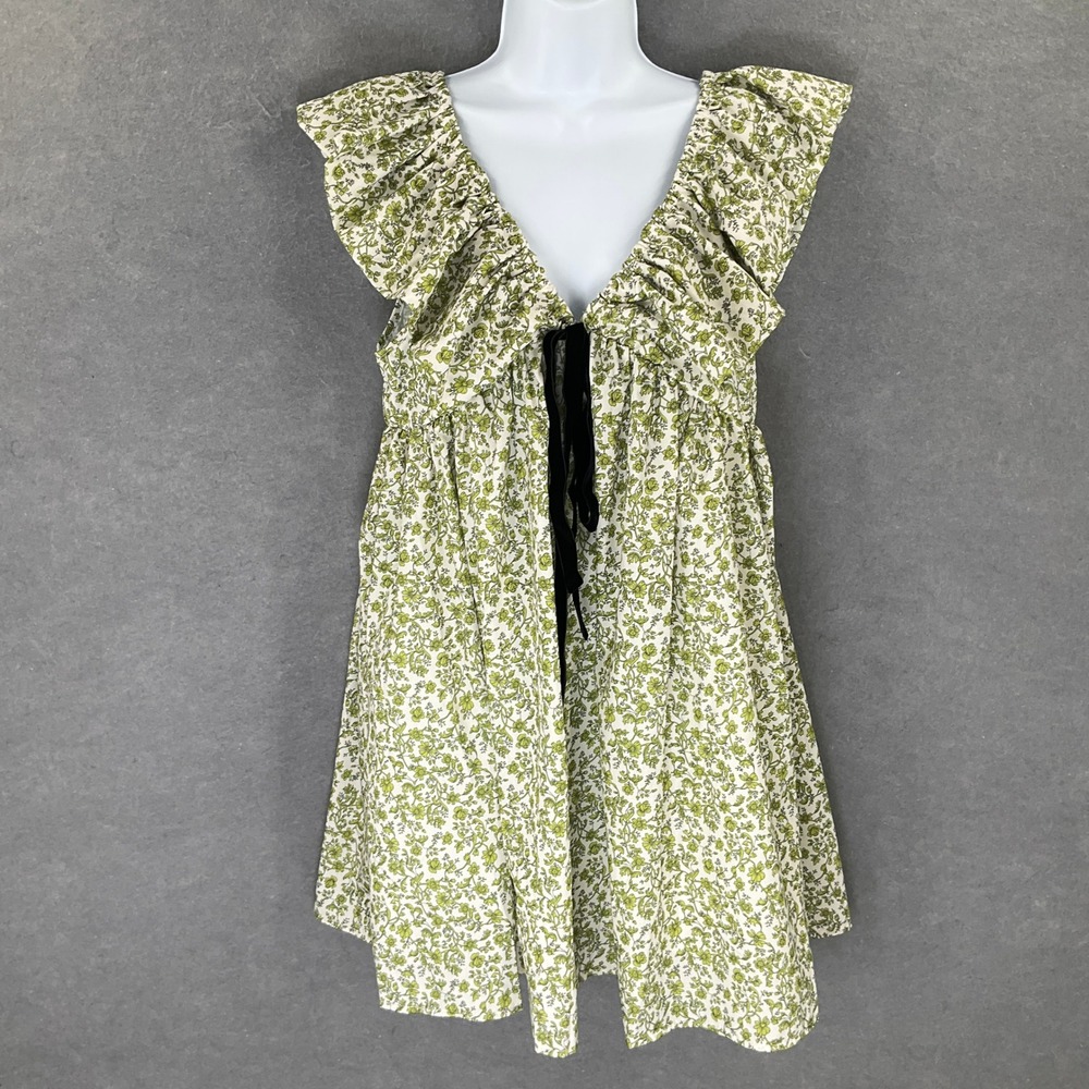 Green Dainty Floral Ruffle V Neck Mini Dress Black Tie Babydoll Cottagecore Boho - Picture 1 of 8